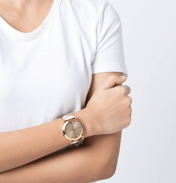 Burberry The City Gold Dial Haymarket Brown Leather Strap Watch for Women - BU9026