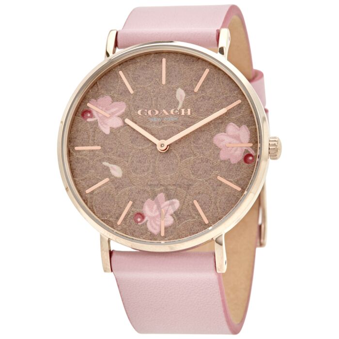 Coach Perry Floral Motif Fawn Dial Pink Leather Strap Watch for Women - 14503442