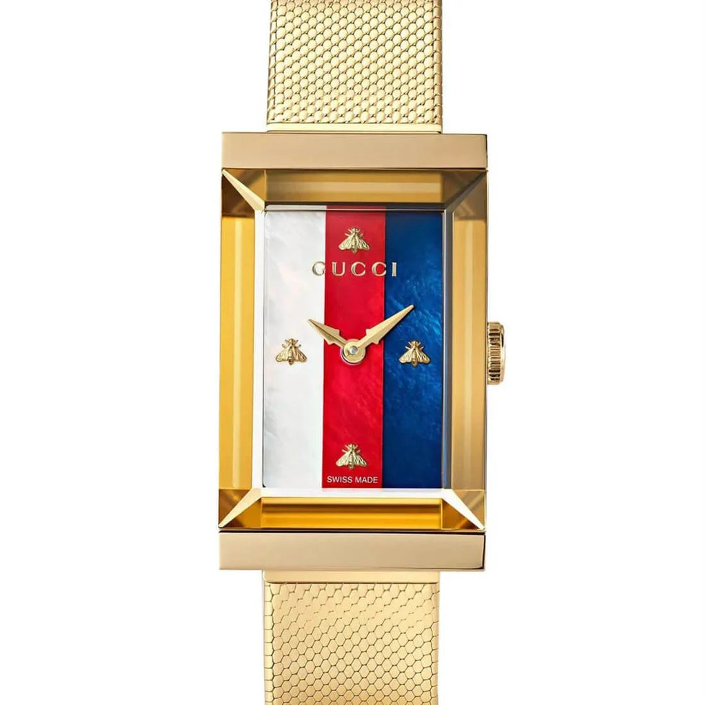 Gucci G-Frame Mother of Pearl Dial Yellow Gold Mesh Bracelet Watch For Women - YA147410