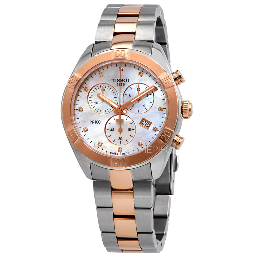 Tissot PR 100 Sport Chic Chronograph Diamonds Mother of Pearl Dial Two Tone Steel Strap Watch for Women - T101.917.22.116.00