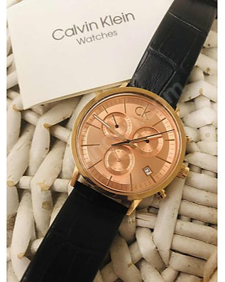 Calvin Klein Post Minimal Chronograph Rose Gold Dial Black Leather Strap Watch for Men - K7627201