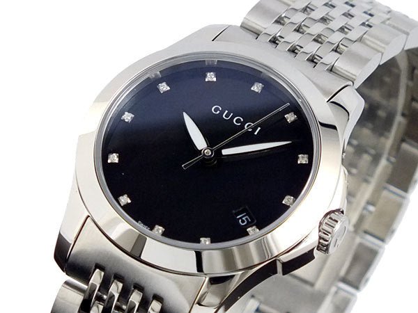 Gucci G Timeless Diamonds Mother of Pearl Black Dial Silver Steel Strap Watch For Women - YA126505