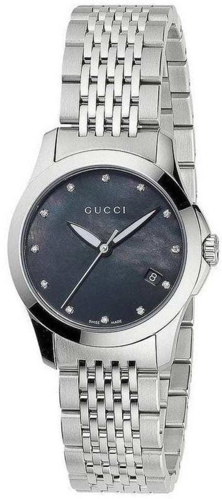 Gucci G Timeless Diamonds Mother of Pearl Black Dial Silver Steel Strap Watch For Women - YA126505