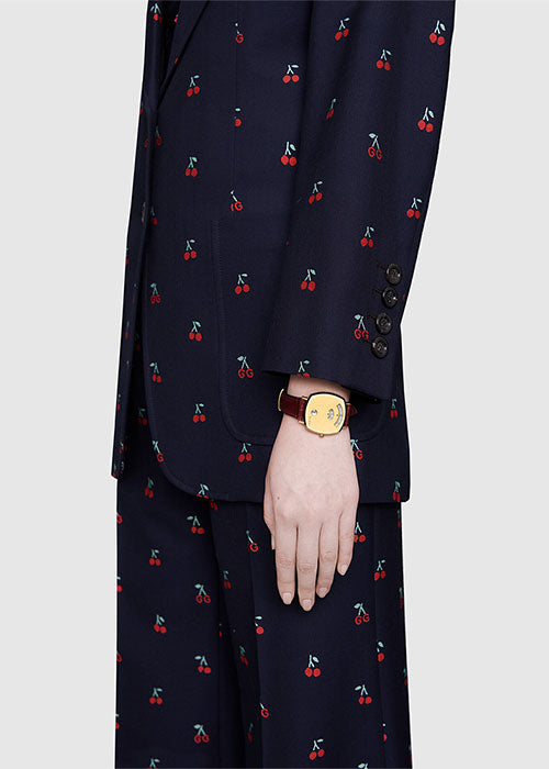 Gucci Grip Quartz Gold Dial Maroon Leather Strap Watch For Women - YA157402