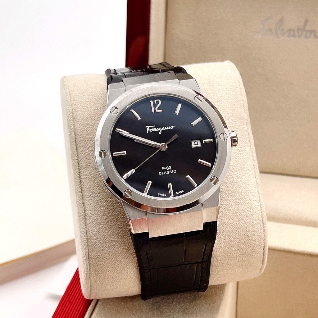 Salvatore Ferragamo F-80 Classic Black Dial Black Leather Strap  Watch for Men - SFDT00219