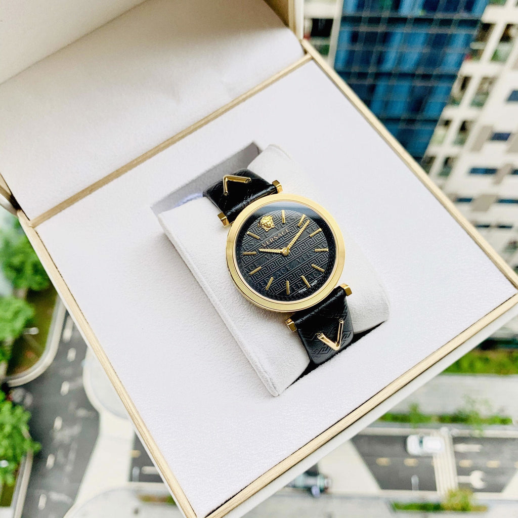 Versace V-Twist Black Dial Black Leather Strap Watch for Women - VELS00619