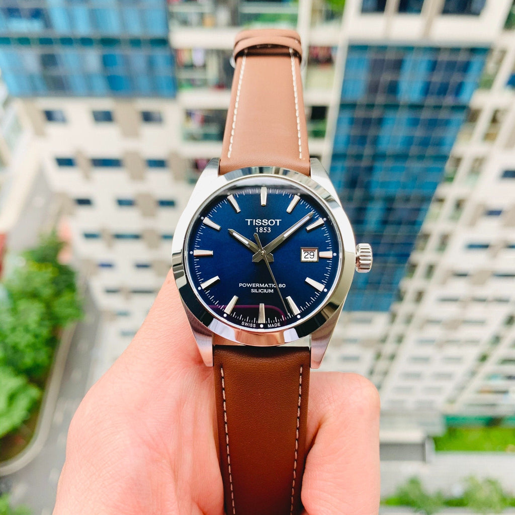 Tissot Gentleman Powermatic 80 Silicium Blue Dial Brown Leather Strap Watch For Men - T127.407.16.041.00