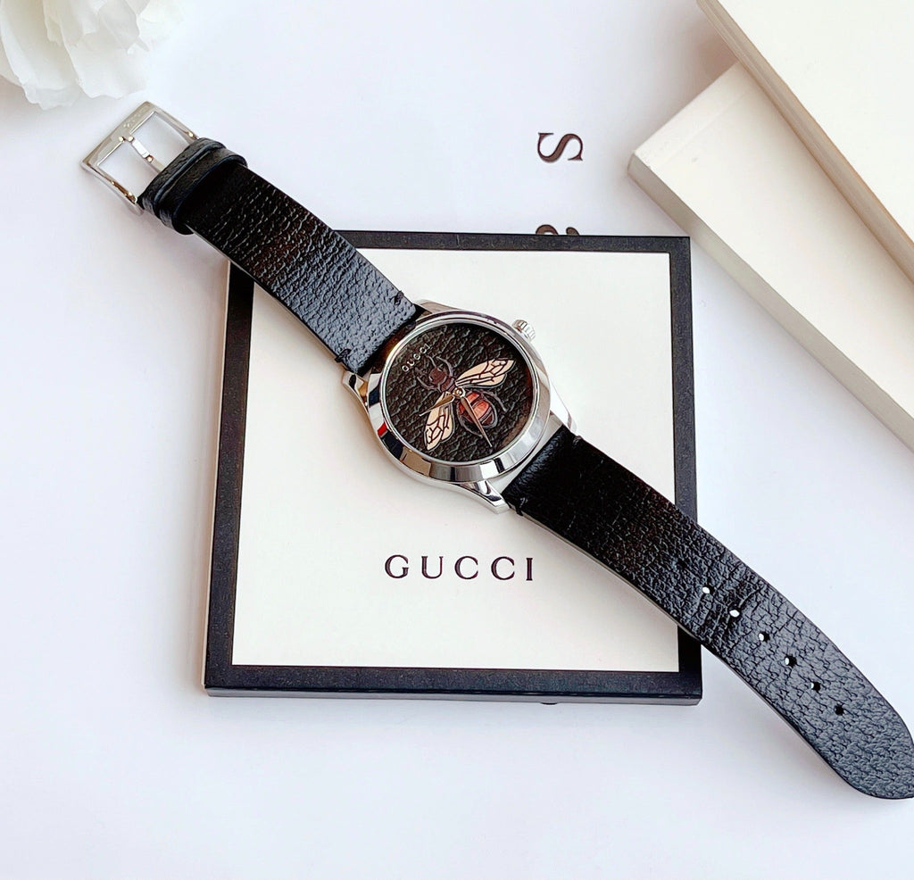 Gucci G Timeless Bee Black Dial Black Leather Strap Watch For Women - YA1264067