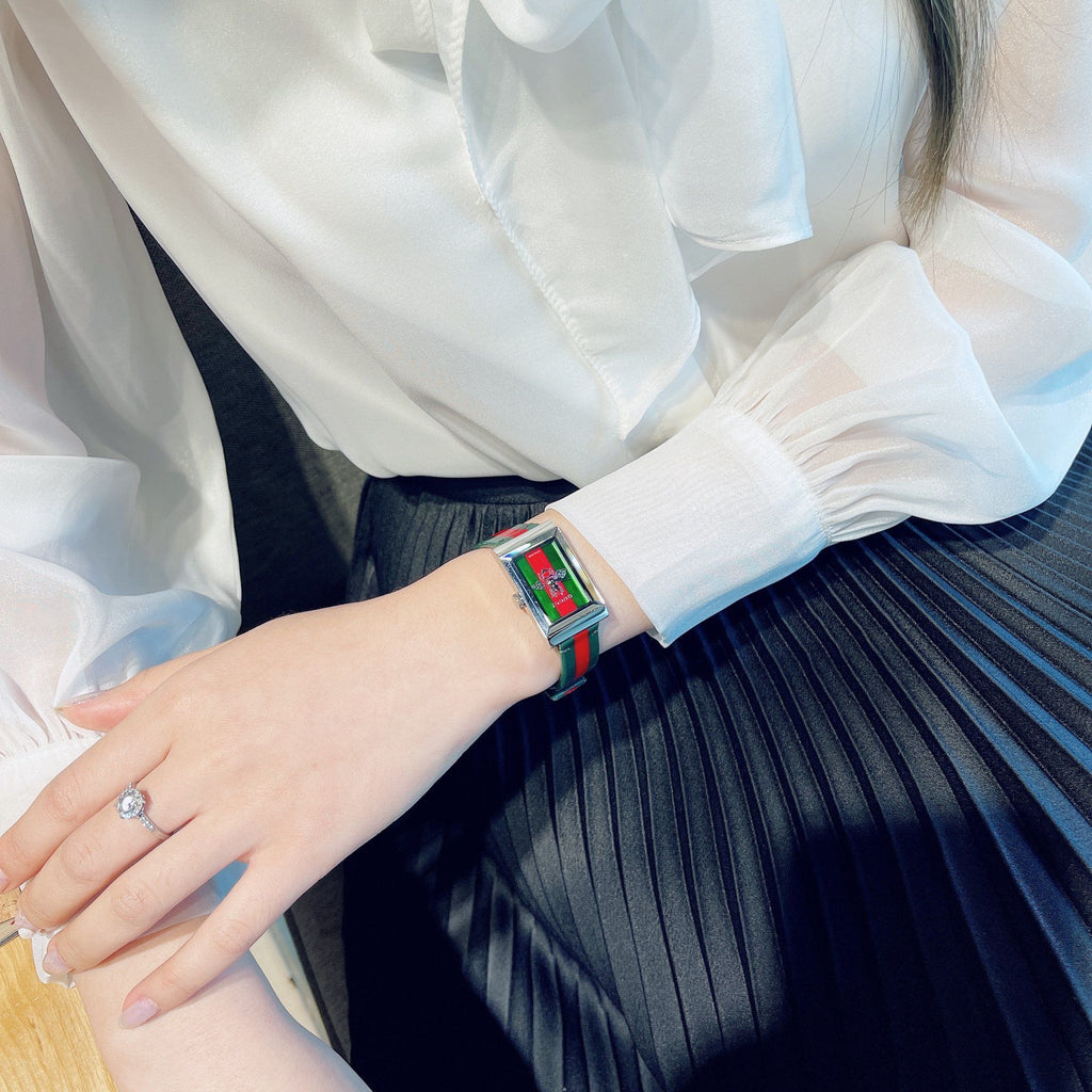 Gucci G Frame Quartz Green & Red Mother of Pearl Dial Multicolor Leather Strap Watch For Women - YA147408