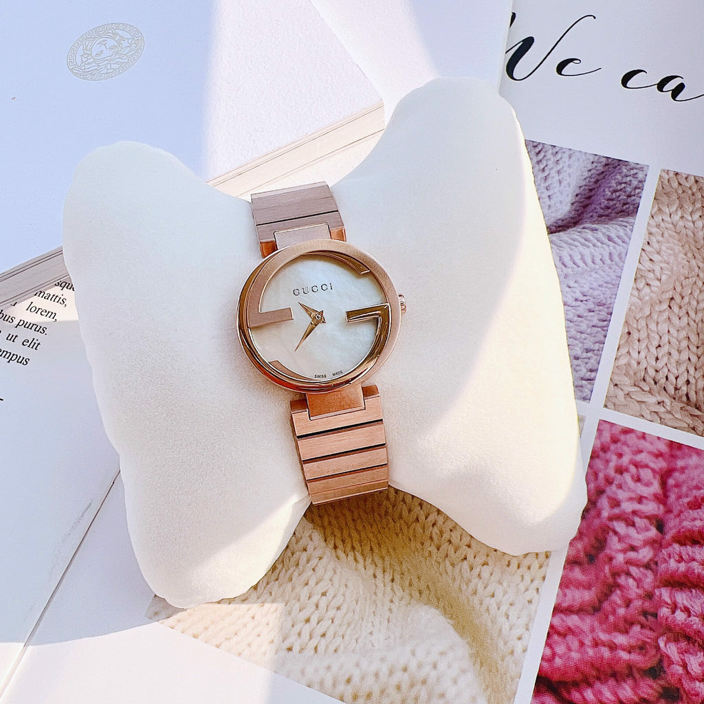 Gucci G Interlocking Mother of Pearl Dial Rose Gold Steel Strap Watch For Women - YA133515