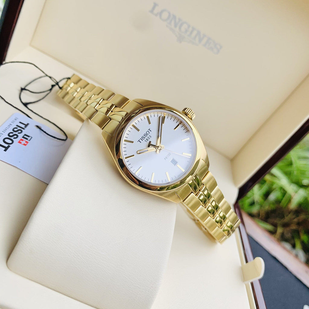 Tissot T Classic PR 100 Lady White Dial Gold Steel Strap Watch for Women - T101.210.33.031.00