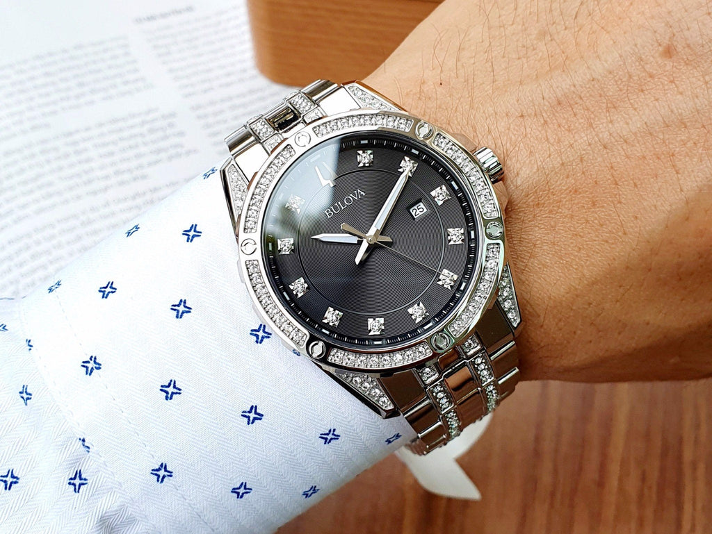 Bulova Crystal Collection Black Dial Silver Steel Strap Watch for Men - 96K104