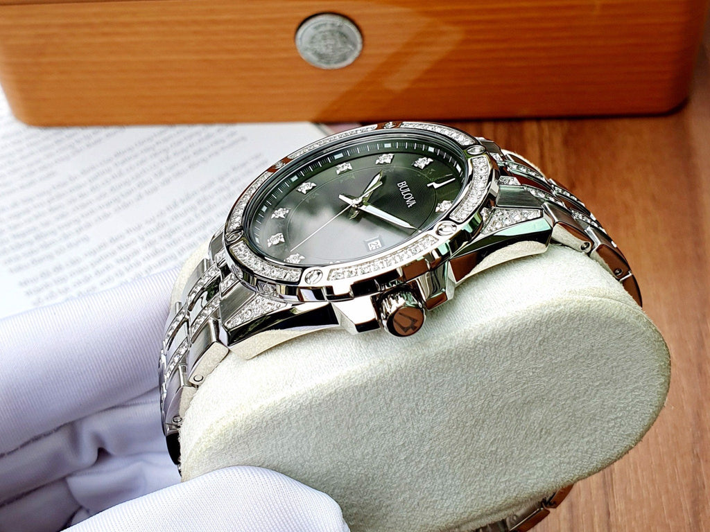 Bulova Crystal Collection Black Dial Silver Steel Strap Watch for Men - 96K104