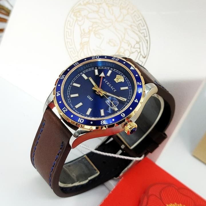 Versace Hellenyium GMT Blue Dial Brown Leather Strap Watch for Men - V11080017