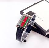 Gucci G-Frame Mother of Pearl Green & Red Dial Black Leather Strap Watch For Women - YA147403