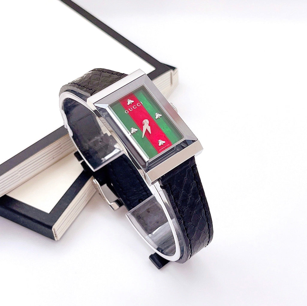 Gucci G-Frame Mother of Pearl Green & Red Dial Black Leather Strap Watch For Women - YA147403