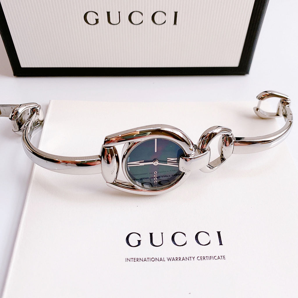 Gucci Horsebit Collection Mother of Pearl Black Dial Silver Steel Strap Watch For Women - YA139503
