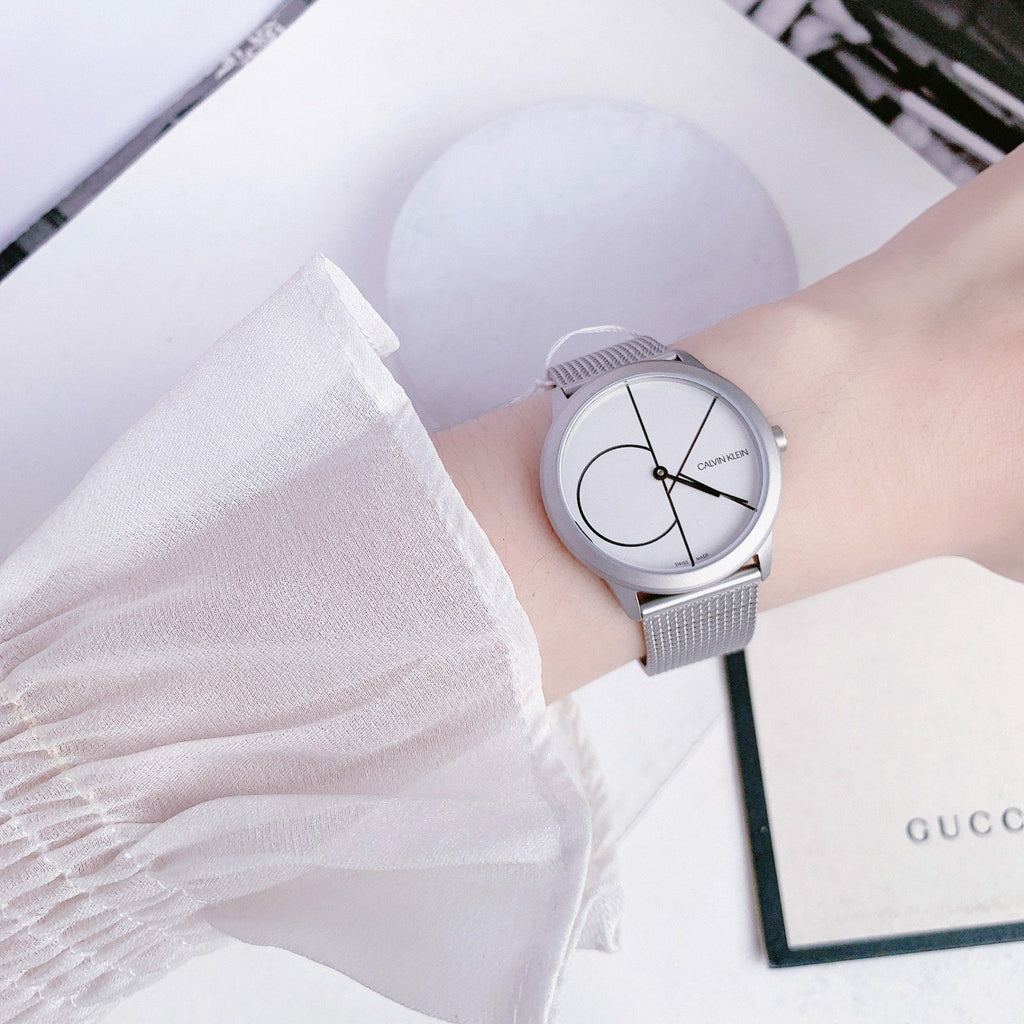 Calvin Klein Minimal White Dial Silver Mesh Bracelet Watch for Women - K3M5215X