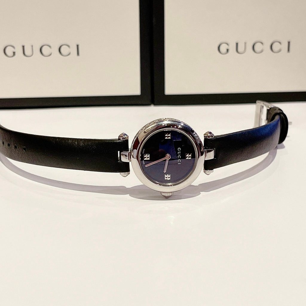 Gucci Diamantissima Quartz Diamonds Black Dial Black Leather Strap Watch for Women - YA141506