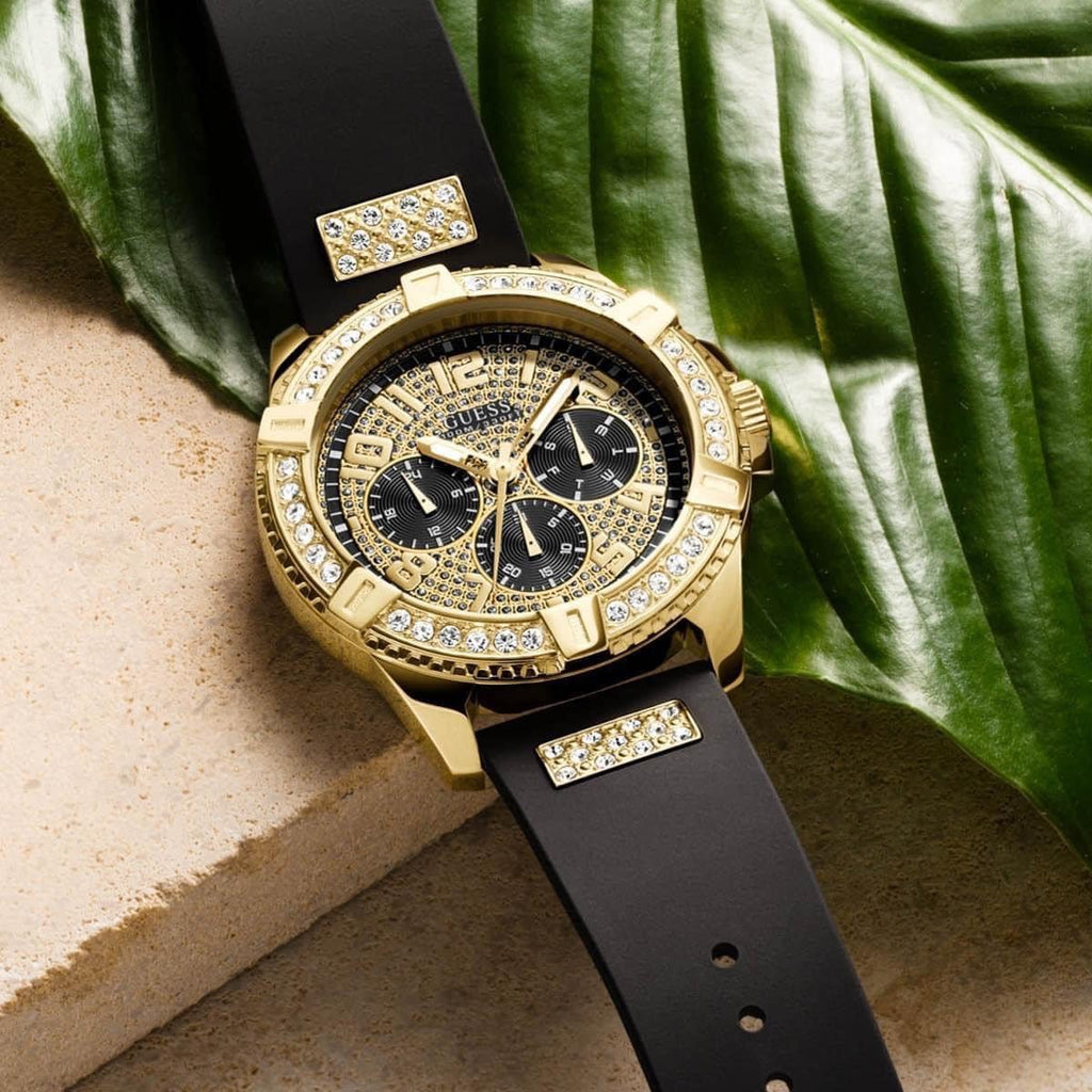 Guess Frontier Crystals Black Dial Black Silicone Strap Watch For Men - W1132G1