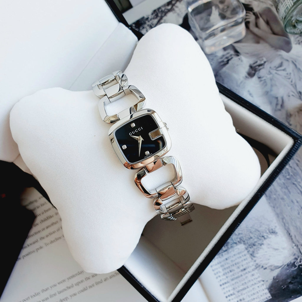 Gucci G Diamonds Black Dial Silver Steel Strap Watch For Women - YA125509