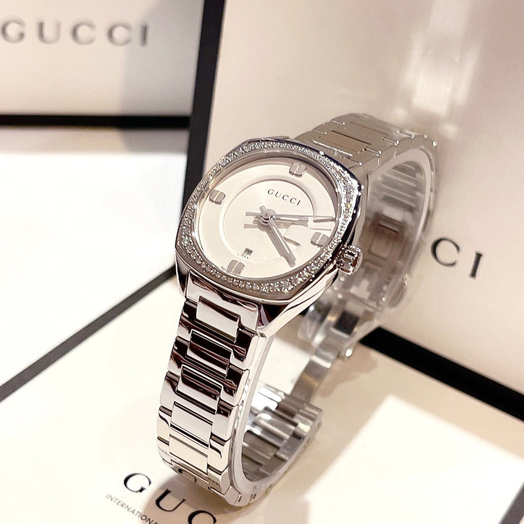 Gucci GG2570 Diamonds White Dial Silver Steel Strap Watch For Women - YA142506