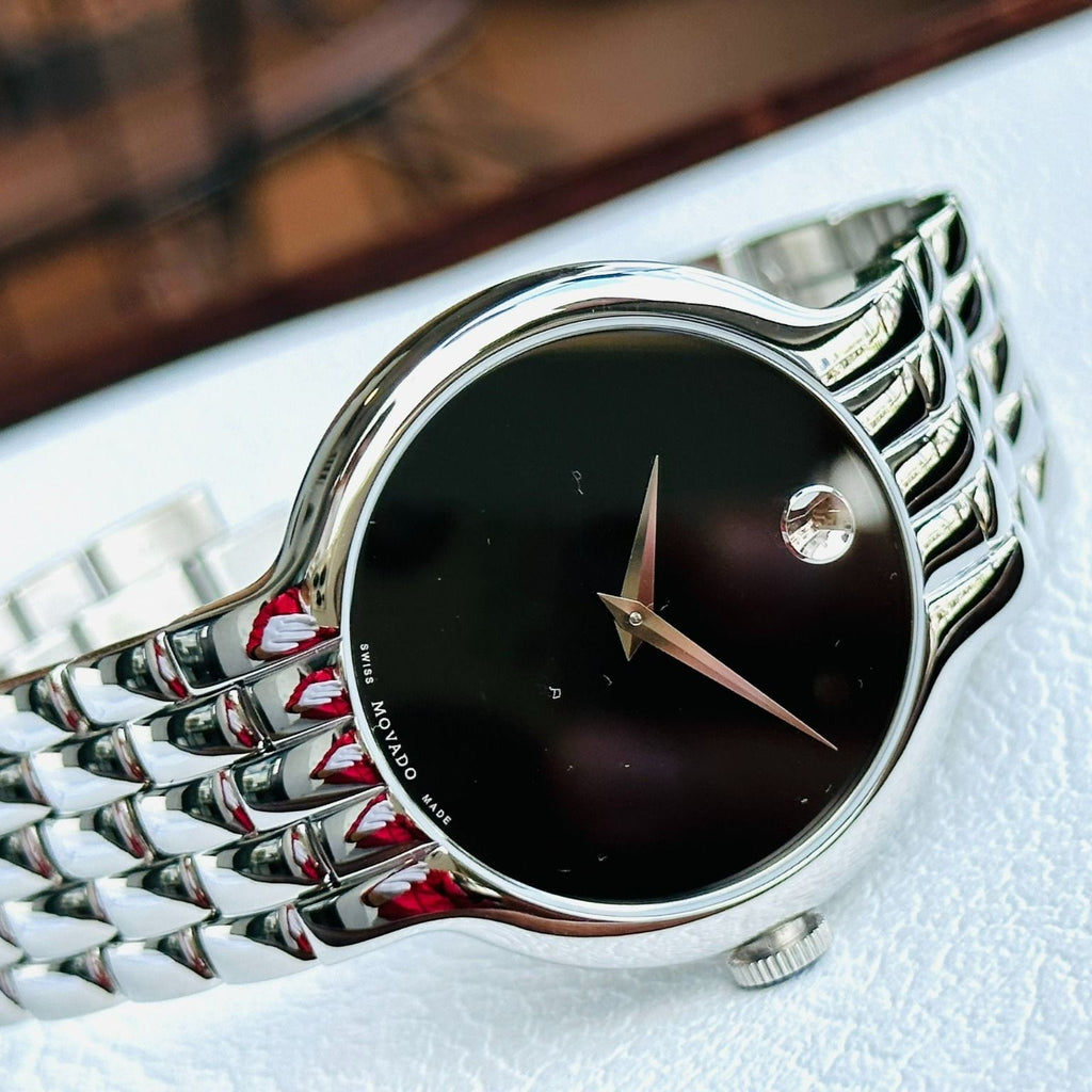 Movado Classic Quartz Black Dial Silver Steel Strap Watch for Men - 0606337