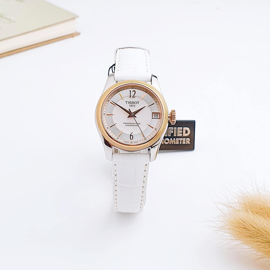 Tissot T-Classic Powermatic 80 Mother of Pearl Silver Dial White Leather Strap Watch For Women - T108.208.26.117.00