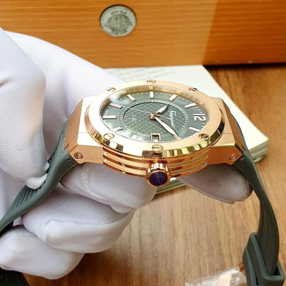 Salvatore Ferragamo F-80 Classic Green Dial Green Rubber Strap Watch for Men - SFHY02022