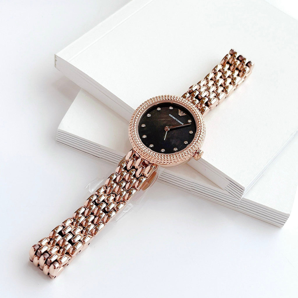 Emporio Armani Rosa Quartz Mother of Pearl Black Dial Rose Gold Steel Strap Watch For Women - AR11372