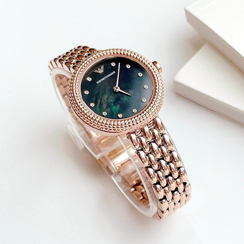 Emporio Armani Rosa Quartz Mother of Pearl Black Dial Rose Gold Steel Strap Watch For Women - AR11372