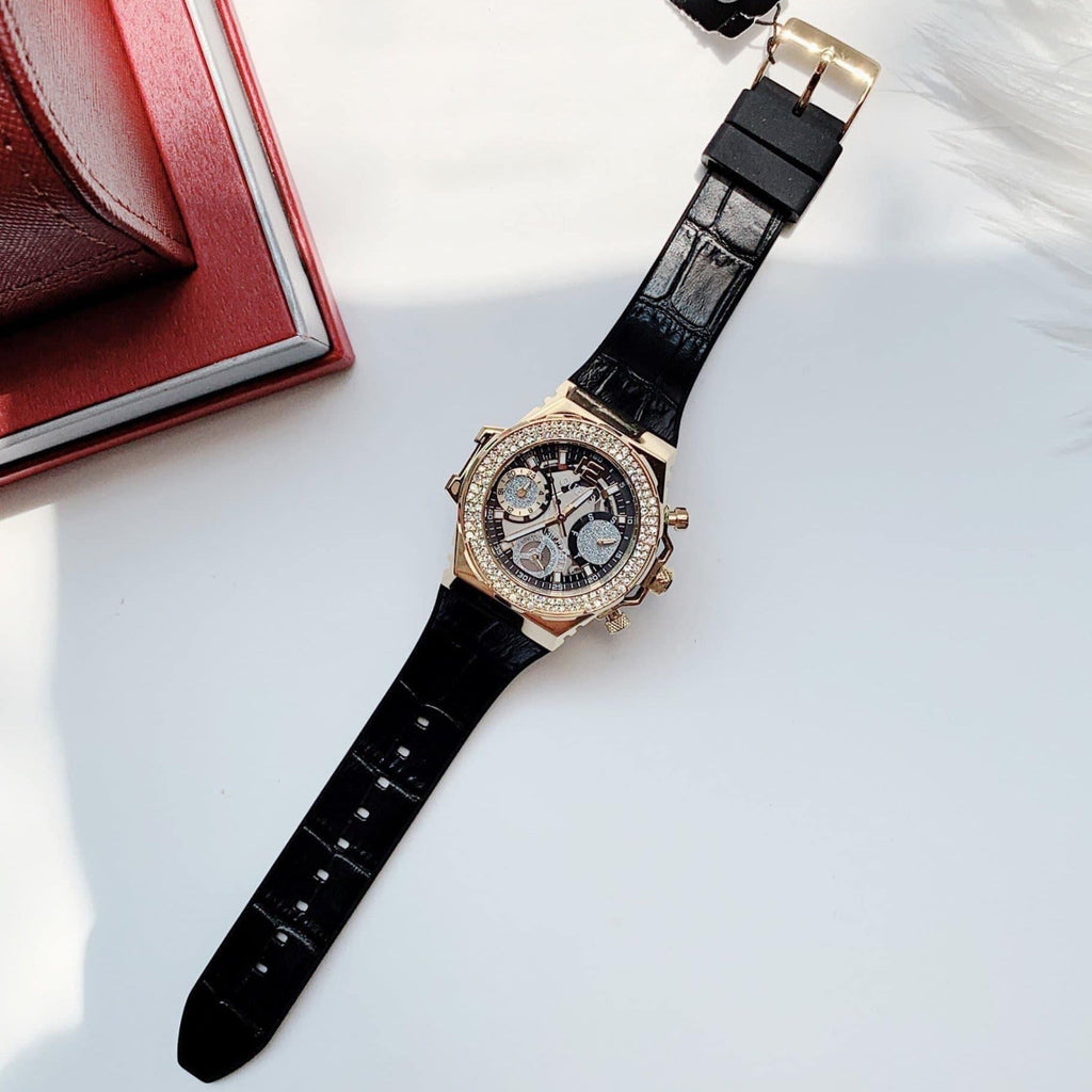 Guess Momentum Chronograph Diamonds Black Dial Black Silicone Strap Watch For Men - GW0518G2