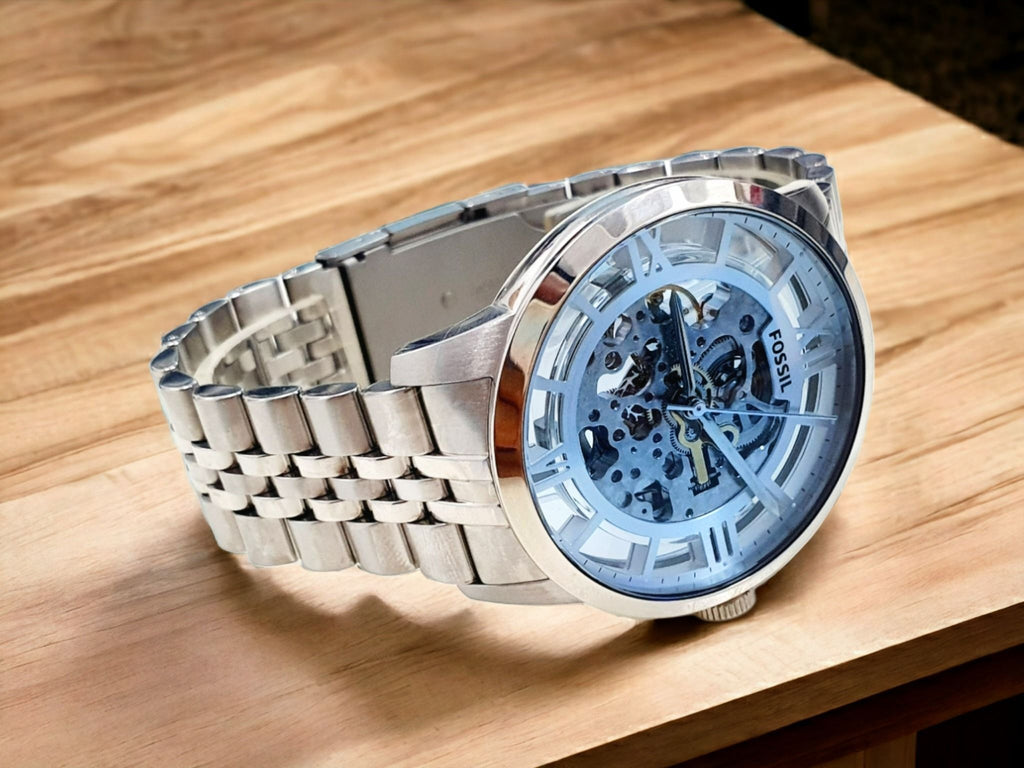 Fossil Townsman Automatic Skeleton Blue Dial Silver Steel Strap Watch for Men - ME3073