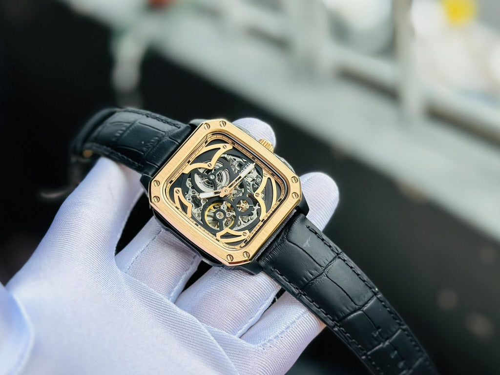 Fossil Inscription Automatic Skeleton Rose Gold Dial Black Leather Strap Watch for Men - BQ2572