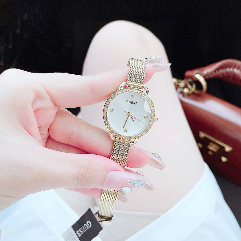 Guess Chelsea White Dial Gold Mesh Bracelet Watch For Women - W0647L7