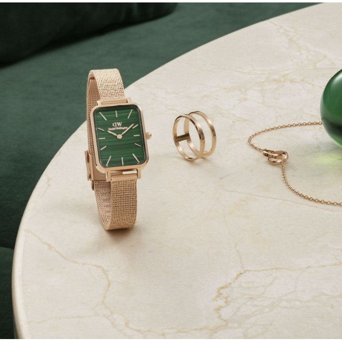 Daniel Wellington Quadro Melrose Green Dial Rose Gold Mesh Strap Watch For Women - DW00100437