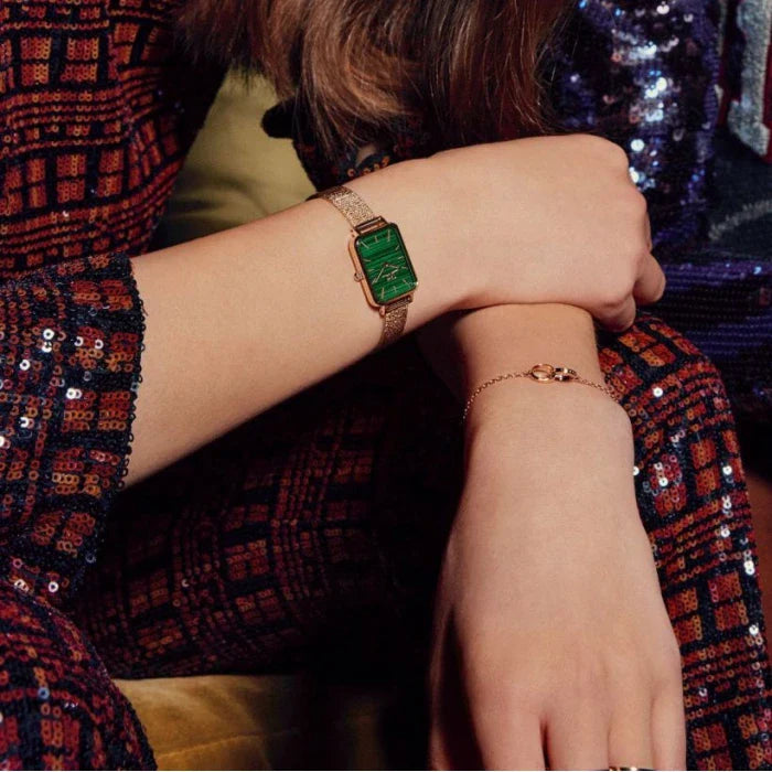 Daniel Wellington Quadro Melrose Green Dial Rose Gold Mesh Strap Watch For Women - DW00100437