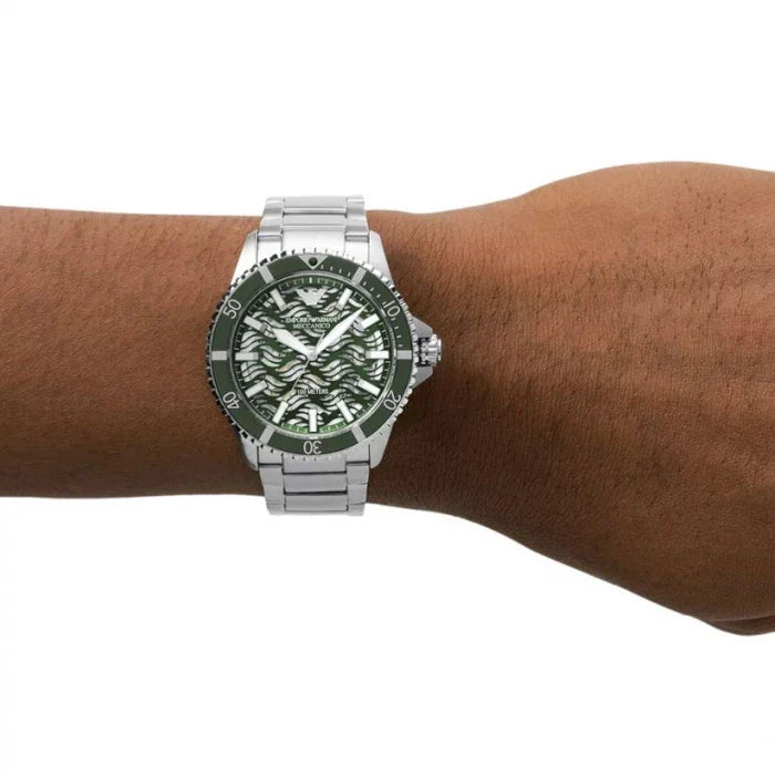 Emporio Armani Diver Automatic Green Dial Silver Steel Strap Watch For Men - AR60061