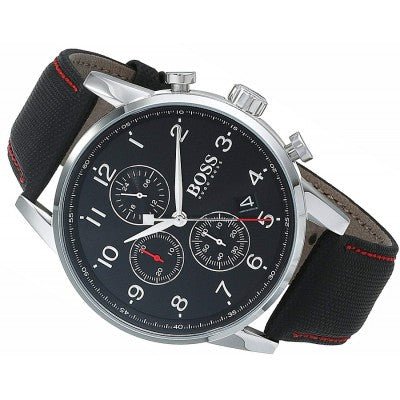 Hugo Boss Navigator Black Dial Black Leather Strap Watch for Men - 1513535