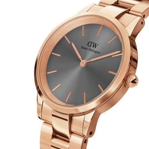Daniel Wellington Iconic Link Grey Dial Rose Gold Steel Strap Watch For Women - DW00100332