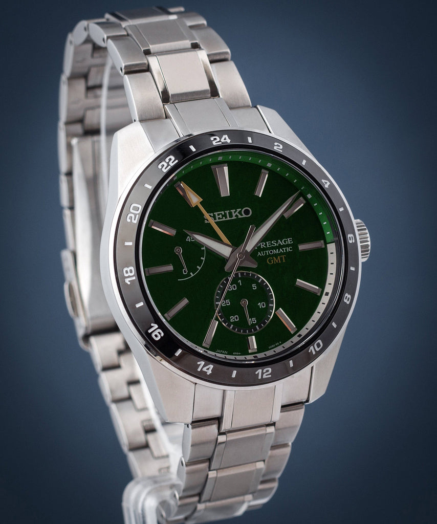Seiko Presage Sharp Edged Series GMT Green Dial Silver Steel Strap Watch For Men - SPB219J1