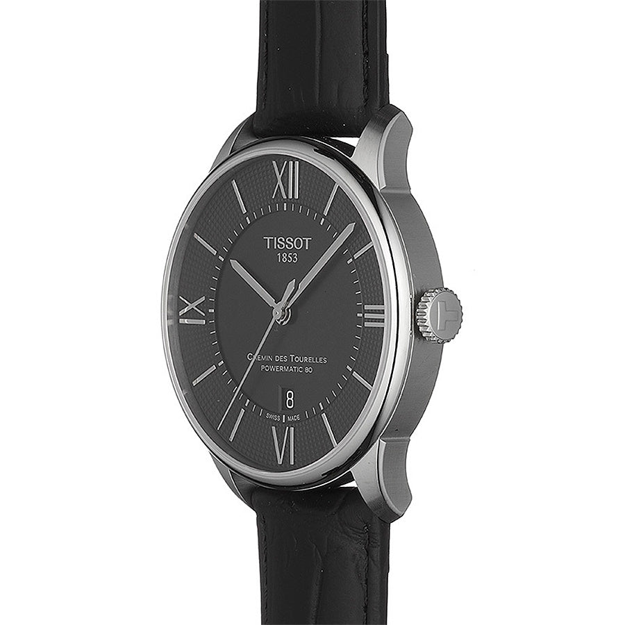 Tissot Chemin Des Tourelles Powermatic 80 Black Dial Black Leather Strap Watch For Men - T099.407.16.058.00