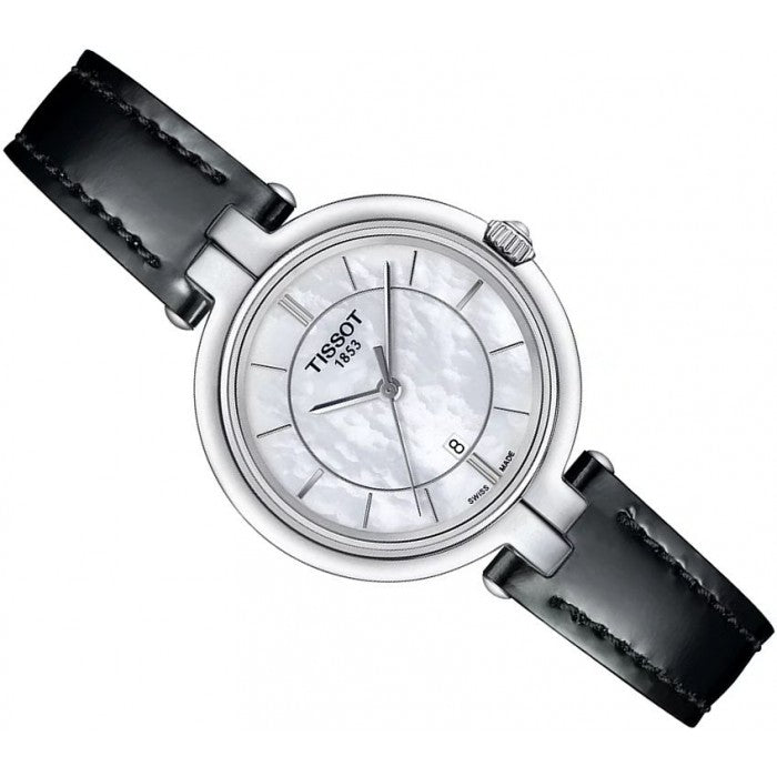 Tissot T Lady Flamingo Mother of Pearl White Dial Black Leather Strap Watch for Women - T094.210.16.111.00