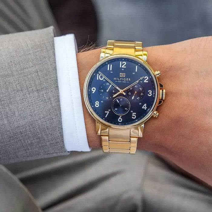 Tommy Hilfiger Daniel Chronograph Blue Dial Gold Steel Strap Watch for Men - 1710384
