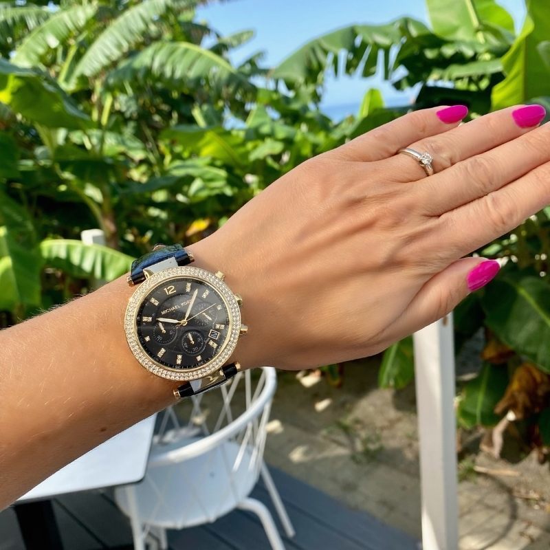 Michael Kors Parker Chronograph Black Dial Black Leather Strap Watch For Women - MK6984