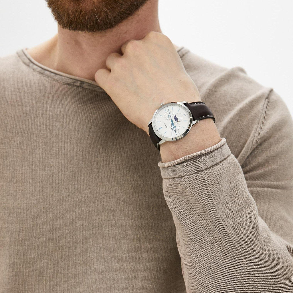 Fossil Neutra Minimalist Moonphase Silver Dial Brown Leather Strap Watch for Men - FS5905