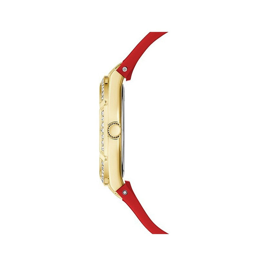 Guess Cosmo Diamonds Gold Dial Red Rubber Strap Watch for Women - GW0034L6