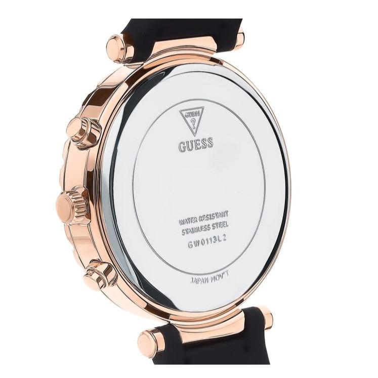 Guess Solstice Diamonds Black Mother of Pearl Dial Black Rubber Strap Watch for Women - GW0113L2