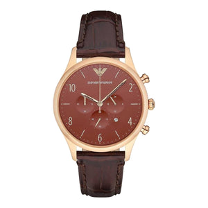 Emporio Armani Classic Chronograph Burgundy Dial Brown Leather Strap Watch For Men - AR1890