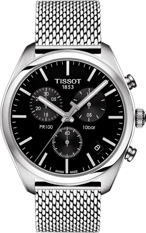 Tissot PR 100 Chronograph Black Dial Silver Mesh Bracelet Watch For Men - T101.417.11.051.01